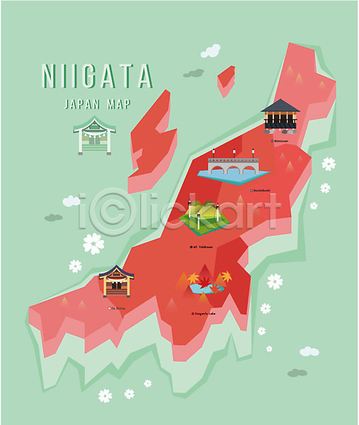 사람없음 AI(파일형식) 일러스트 관광지 니가타 단풍 산 섬 식물 신사(일본건축) 일본 일본지도 지도 지역 플랫