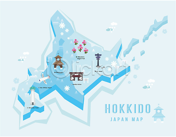 사람없음 AI(파일형식) 일러스트 겨울 계절 관광지 관제탑 꽃 눈송이 비행기 섬 식물 얼음 일본 일본지도 지도 지역 표지판 플랫 홋카이도