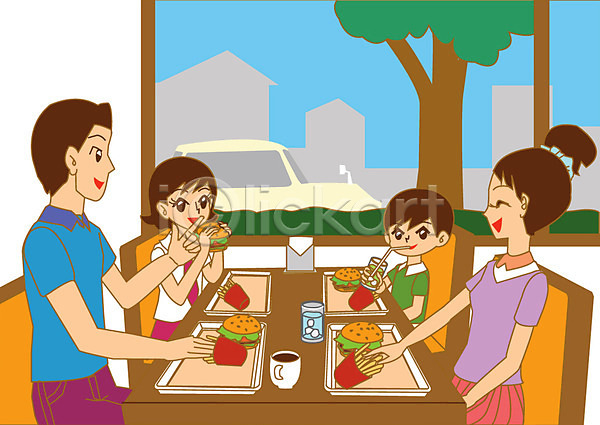 남자 사람 성인 어린이 여러명 여자 AI(파일형식) 일러스트 가족 감자튀김 나무 라이프스타일 식당 외식 음식 의자 자동차 창문 탁자 패스트푸드 햄버거
