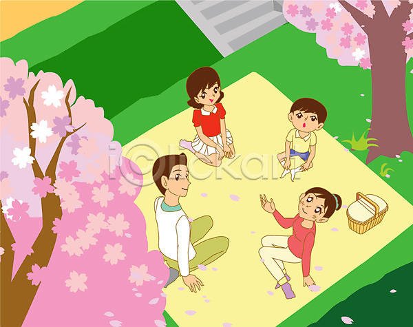 남자 사람 성인 어린이 여러명 여자 AI(파일형식) 일러스트 가족 계절 꽃 나무 돗자리 라이프스타일 벚꽃 봄 봄소풍 소풍 식물 야외 주간