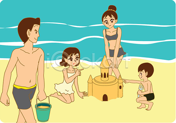 남자 사람 성인 어린이 여러명 여자 AI(파일형식) 일러스트 가족 라이프스타일 모래 모래성 바구니 수영복 야외 주간 해변