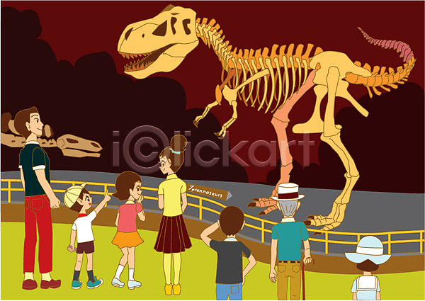 남자 사람 성인 어린이 여러명 여자 AI(파일형식) 일러스트 가족 공룡 관람 라이프스타일 박물관 화석
