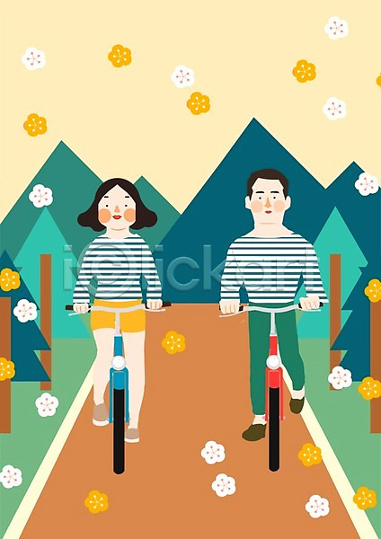 산책 자유 함께함 휴식 남자 두명 사람 성인 성인만 여자 PSD 일러스트 계절 꽃 나무 식물 야외 여름(계절) 자전거 주간 커플 휴가