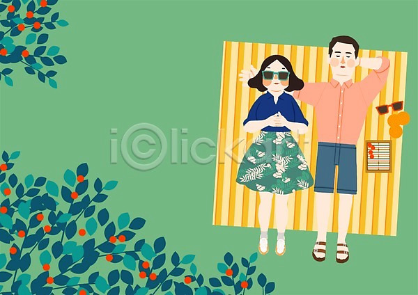 자유 함께함 휴식 남자 두명 사람 성인 성인만 여자 PSD 일러스트 계절 나뭇잎 눕기 돗자리 선글라스 식물 야외 여름(계절) 잔디 주간 커플 휴가