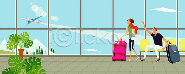 자유 휴식 남자 두명 사람 성인 성인만 여자 AI(파일형식) 일러스트 계절 공항 바캉스 비행기 산 식물 여름(계절) 여름휴가 여행 의자 캐리어 커플 화분 휴가