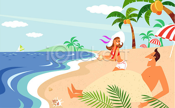 자유 휴식 남자 두명 사람 성인 성인만 여자 AI(파일형식) 일러스트 계절 모래 모자(잡화) 바다 바캉스 식물 야외 야자수 여름(계절) 여름휴가 여행 주간 찜질 커플 파라솔 해변 휴가