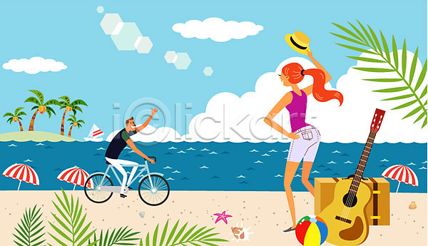 자유 휴식 남자 두명 사람 성인 성인만 여자 AI(파일형식) 일러스트 가방 계절 구름(자연) 기타 모자(잡화) 바다 바캉스 비치볼 악기 야외 여름(계절) 여름휴가 여행 자전거 주간 커플 파라솔 해변 휴가