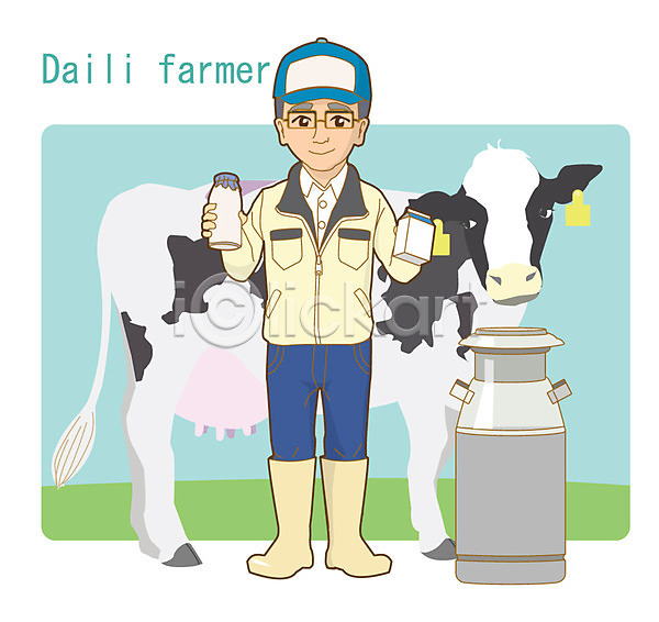 남자 사람 성인 성인남자한명만 한명 AI(파일형식) 일러스트 가축 낙농업 동물 우유 젖소 직업