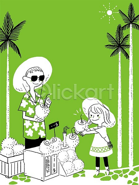 시원함 남자 사람 성인 어린이 여자 PSD 일러스트 가판대 계절 과일 과일주스 모자(잡화) 빨대 선글라스 식물 야자수 여름(계절) 음료 코코넛 코코넛주스 태양