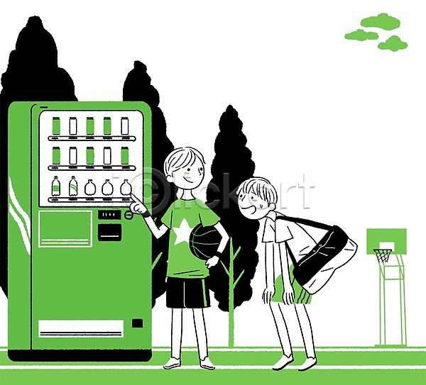시원함 남자 남자만 두명 사람 PSD 일러스트 가방 계절 나무 농구공 농구대 식물 야외 여름(계절) 음료 자판기 학생