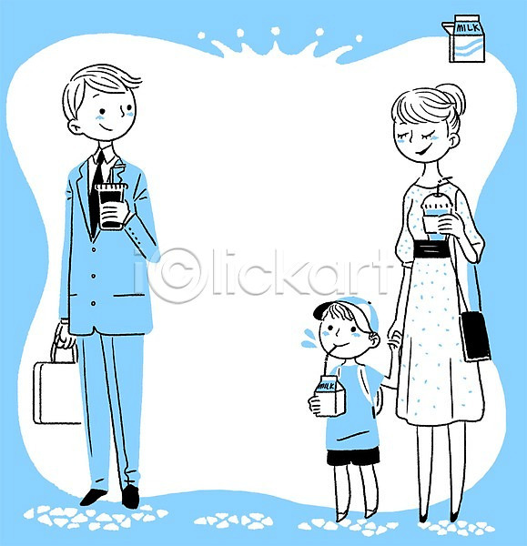 시원함 남자 사람 성인 세명 어린이 여자 PSD 일러스트 가방 가족 계절 서기 여름(계절) 우유 음료 전신 종이컵 커피 프레임