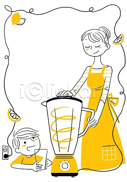 시원함 남자 사람 성인 어린이 여자 PSD 일러스트 계절 과일 레몬 레몬주스 믹서 앞치마 여름(계절) 음료 프레임