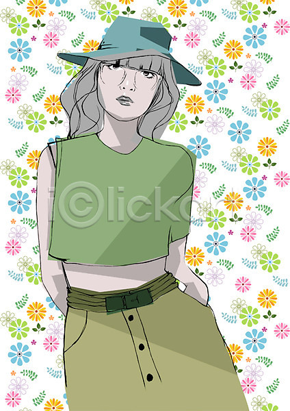 우아함 사람 성인 성인만 성인여자만 여자 여자만 여자한명만 한명 PSD 일러스트 꽃 나뭇잎 모델 모자(잡화) 백그라운드 식물 안경 패션