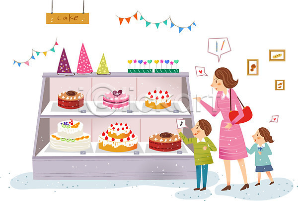 남자 사람 성인 세명 어린이 여자 AI(파일형식) 일러스트 고깔(모자) 빵집 상점 시장 음식 제빵 케이크