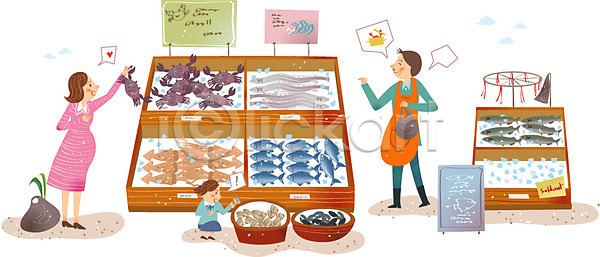 남자 성인 세명 소년 어린이 여자 AI(파일형식) 일러스트 꽃게 들기 마트 상인 상점 쇼핑 수산시장 앞치마 어류 오징어 장보기 조개 해산물 화분진열대