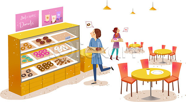 두명 사람 성인 성인여자만 여자 AI(파일형식) 일러스트 도넛 빵 상점 시장 의자 쟁반 집게 탁자