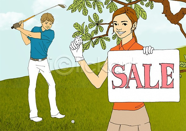남자 두명 사람 성인 성인만 여자 PSD 일러스트 계절 골프 골프공 골프장 골프채 나무 만화 세일 식물 아트툰 여름(계절) 잔디 팻말
