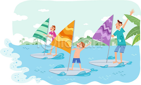 자유 함께함 남자 사람 성인 세명 어린이 여자 AI(파일형식) 일러스트 가족 바다 바캉스 서핑 야외 여름휴가 윈드서핑 주간 휴가