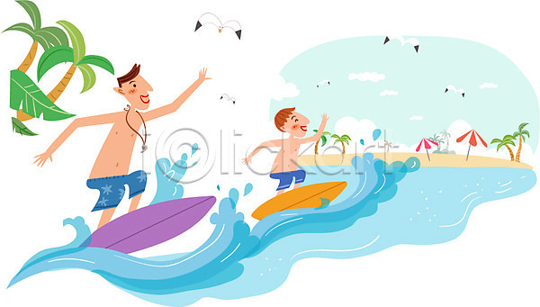 자유 함께함 남자 남자만 두명 사람 AI(파일형식) 일러스트 가족 갈매기 바다 바캉스 서핑 식물 야외 야자수 여름휴가 주간 파라솔 해변 휴가