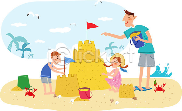 자유 함께함 남자 사람 성인 세명 어린이 여자 AI(파일형식) 일러스트 가족 갈매기 게 깃발 모래사장 모래성 바구니 바캉스 식물 야자수 여름휴가 휴가
