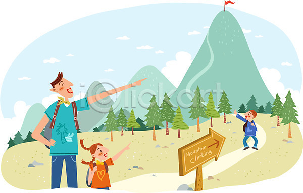 자유 함께함 남자 사람 성인 세명 어린이 여자 AI(파일형식) 일러스트 가족 깃발 나무 등산 바캉스 산 식물 야외 여름휴가 주간 표지판 휴가