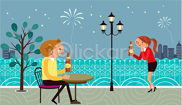 기쁨 즐거움 함께함 남자 두명 사람 성인 성인만 여자 AI(파일형식) 일러스트 가로등 강 나무 맥주 맥주병 비어피플 식물 야간 야외 울타리 의자 주류 탁자