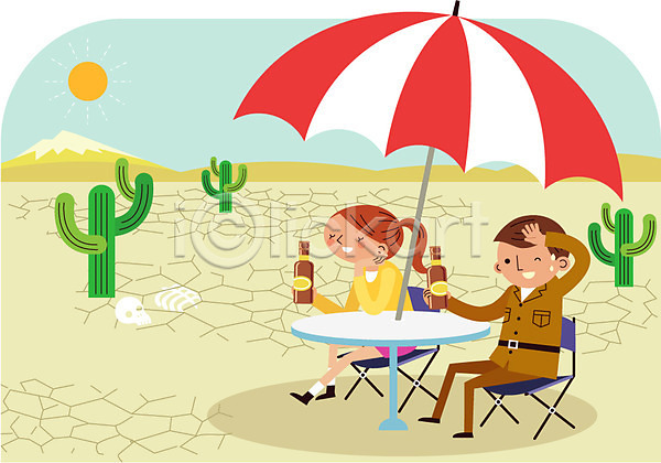 기쁨 즐거움 함께함 남자 두명 사람 성인 성인만 여자 AI(파일형식) 일러스트 맥주 맥주병 비어피플 사막 산 선인장 식물 야외 의자 주간 주류 탁자 태양 파라솔
