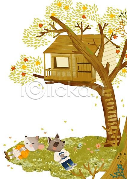 여유 행복 휴식 사람없음 PSD 일러스트 계절 나무 낮잠 너구리 눕기 동물 두마리 봄 식물 잔디 잠 주택 쥐