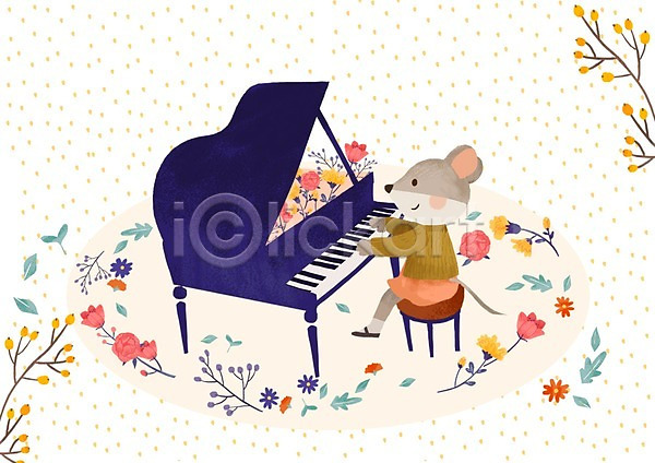 사람없음 PSD 일러스트 건반 계절 그랜드피아노 꽃 동물 봄 식물 악기 앉기 연주 쥐 피아노(악기) 피아니스트 한마리