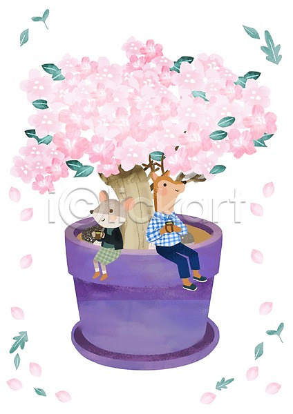여유 행복 휴식 사람없음 PSD 일러스트 계절 나무 동물 두마리 들기 벚꽃 벚나무 봄 사슴 식물 앉기 쥐 차(음료) 화분