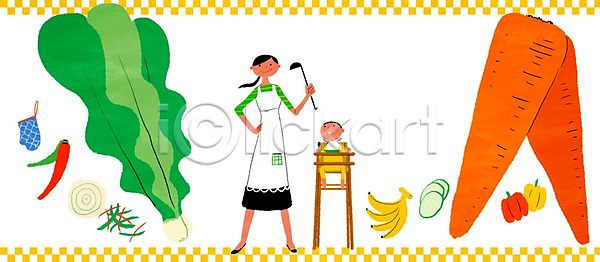 남자 두명 사람 성인 아기 여자 PSD 일러스트 고추 국자 당근 바나나 아기의자 앞치마 엄마 요리 주방 피망