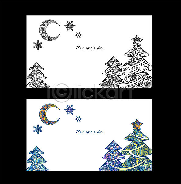 고급 비교 사람없음 AI(파일형식) 일러스트 흑백 나무 눈송이 달 도안 라벨 무늬 배너 백그라운드 별 젠탱글 크리스마스트리 패턴 프레임