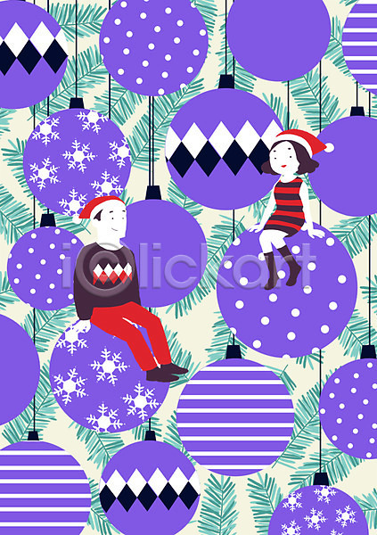남자 두명 사람 성인 여자 PSD 일러스트 겨울 겨울배경 문양 백그라운드 사계절 산타모자 앉기 오너먼트 잎 장식볼 커플 크리스마스 크리스마스용품 패턴 패턴백그라운드