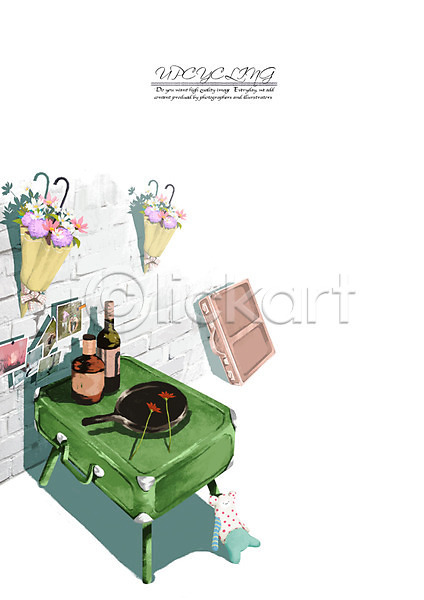 환경보전 사람없음 PSD 일러스트 기념사진 꽃 식탁 업사이클링 여행가방 오브젝트 와인 와인병 우산 재활용 캐리어 탁자 프라이팬