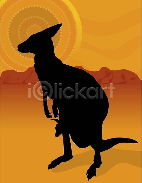 아기 EPS 실루엣 일러스트 해외이미지 검은색 동물 백그라운드 야생동물 야외 여행 오지 일몰 자연 캥거루 클립아트 태양 풍경(경치) 하늘 해외202004 호주 황무지 황혼