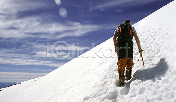 남자 성인 성인남자한명만 한명 JPG 포토 해외이미지 걷기 겨울 등산 등산스틱 등산용품 맑음 설산 야외 전신 주간 칠레 트래킹 풍경(경치) 하이킹 해외202004 햇빛