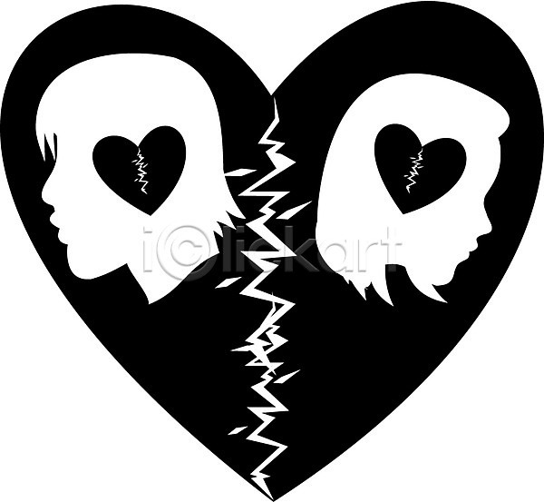 사랑 이별 남자 두명 사람 여자 EPS 실루엣 아이콘 흑백 깨짐 상징 커플 하트