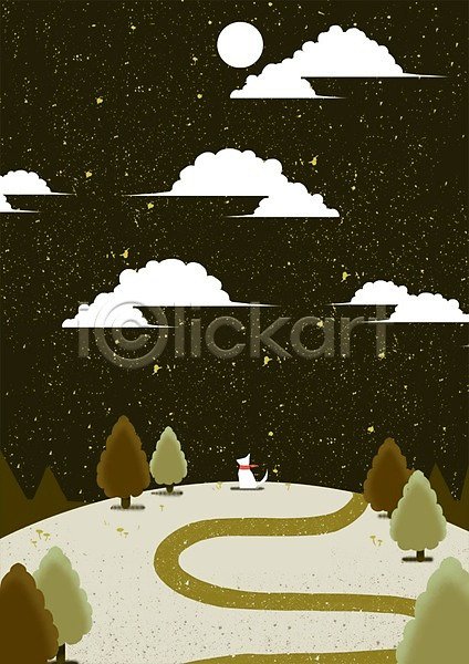사람없음 PSD 일러스트 개 구름(자연) 길 나무 달 동물 동산 밤하늘 백그라운드 보름달 산 자연 하늘