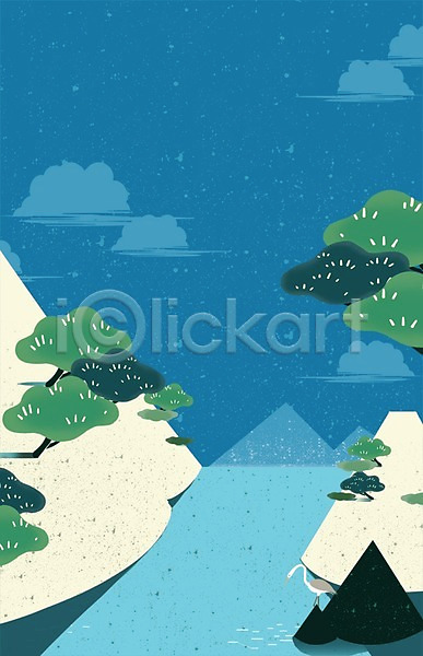 사람없음 PSD 일러스트 구름(자연) 나무 나뭇가지 돌(바위) 물 물가(풍경) 백그라운드 산 섬 자연 조류 하늘 호수