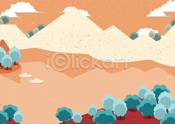 사람없음 PSD 일러스트 구름(자연) 그림자 나무 물결 백그라운드 산 언덕 자연 조각배 하늘 호수