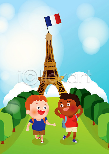 천진난만 호기심 남자 두명 사람 어린이 어린이만 여자 AI(파일형식) 일러스트 나무 식물 야외 어린이라이프 에펠탑 여행 주간 파리(프랑스) 프랑스