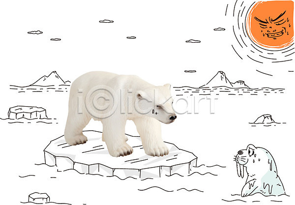 지구온난화 사람없음 AI(파일형식) 편집이미지 포토일러 곰 구름(자연) 그린캠페인 동물 두마리 물개 바다 북극곰 빙하 얼음 자연 자연보호 캠페인 태양 환경