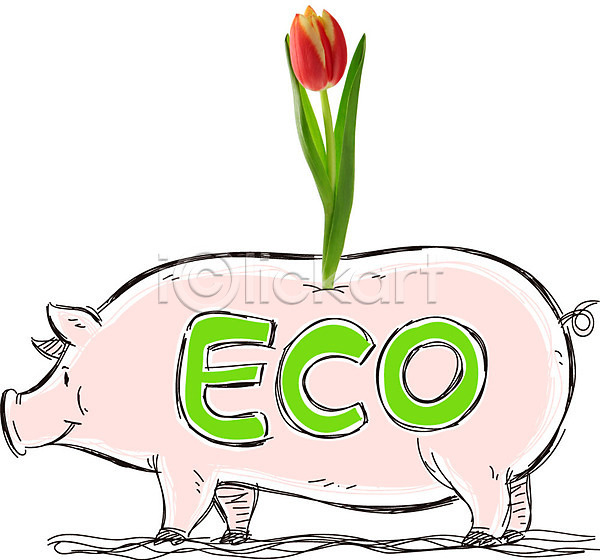 사람없음 AI(파일형식) 편집이미지 포토일러 그린캠페인 꽃 동물 돼지 식물 에코 자연보호 초록색 캐릭터 캠페인 튤립 한마리 한송이