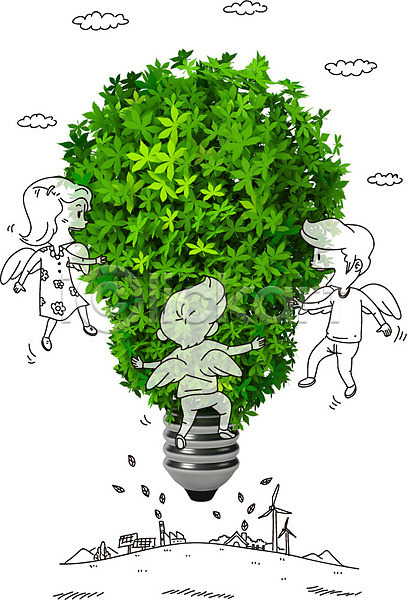 남자 사람 세명 어린이 어린이만 여자 AI(파일형식) 뒷모습 편집이미지 포토일러 구름(자연) 그린슈머 그린에너지 그린캠페인 나뭇잎 날개(비행) 식물 에너지 에코 자연보호 전구 집열판 초록색 캐릭터 캠페인 태양에너지 풍력에너지
