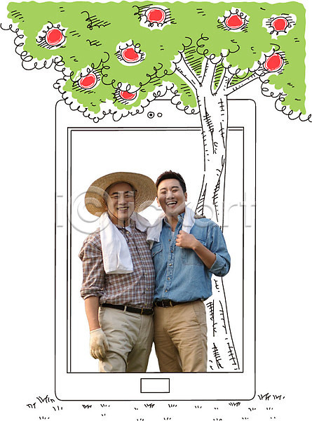 30대 60대 남자 남자만 노년 동양인 두명 사람 성인 성인남자만 성인만 한국인 AI(파일형식) 편집이미지 포토일러 과일 귀농 나무 농부 농사 모자(잡화) 부자(아빠와아들) 사과(과일) 상반신 수건 식물 어깨동무 열매 웃음 핸드폰