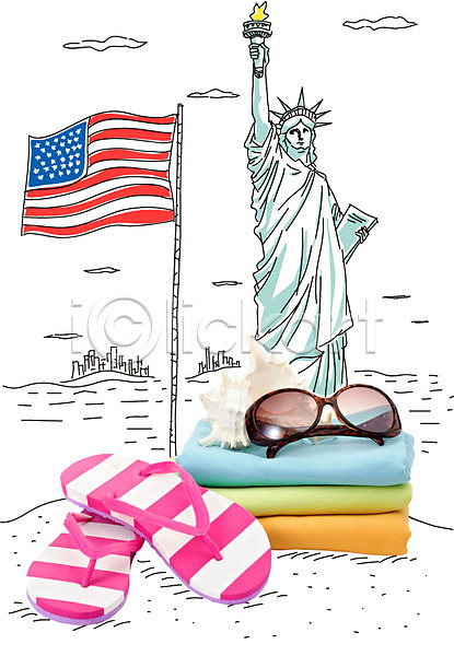 사람없음 AI(파일형식) 편집이미지 포토일러 계절 구름(자연) 국기 깃발 뉴욕 미국 바다 바캉스 선글라스 성조기 소라 신발 아메리카 여름(계절) 여름휴가 여행 자유의여신상 쪼리 천(직물) 해외여행 휴가
