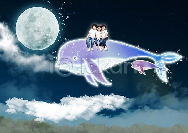 다정 상상 우정 남자 세명 어린이 어린이만 여자 한국인 PSD 편집이미지 고래 구름(자연) 두마리 밤하늘 보름달 앉기 야간 하늘