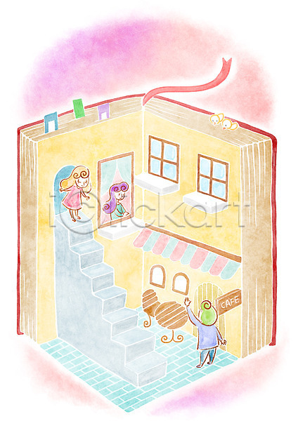 상상 여유 남자 사람 세명 소녀(어린이) 소년 어린이 어린이만 여자 PSD 일러스트 계단 독서 의자 주택 창문 책 카페 탁자