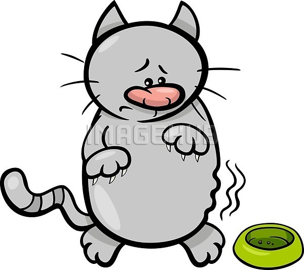 귀여움 슬픔 사람없음 EPS 일러스트 해외이미지 고양이 만화 밥그릇 배고픔 회색