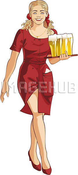 EPS 일러스트 해외이미지 금발 드레스 맥주 미소(표정) 빨간색 서비스 식당 웨이트리스 유니폼 유리 쟁반 해외202004